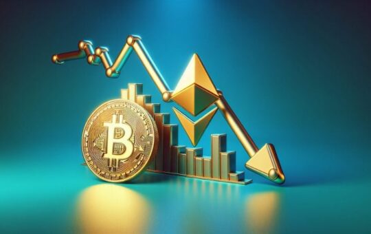 Bitcoin and Ether price symbols falling down graph showing economic decline amid stagflation fears