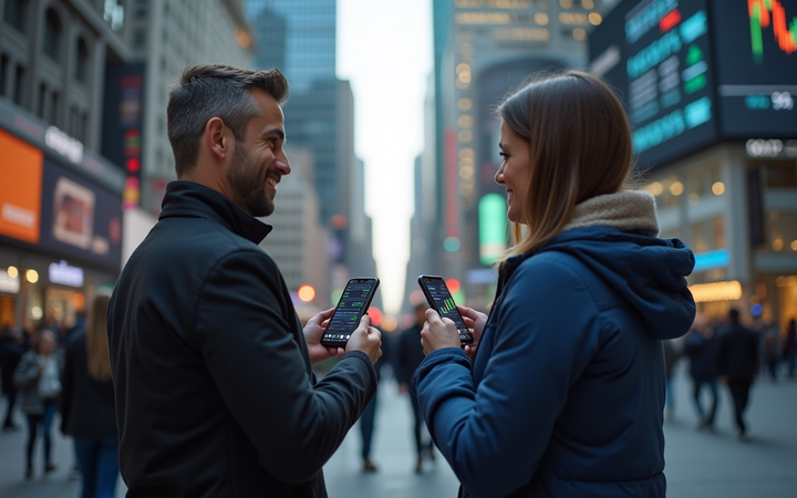 Two Happy People Holding SmartPhones