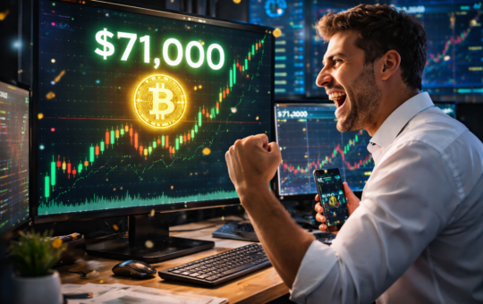 A trader celebrating a bullish Bitcoin chart