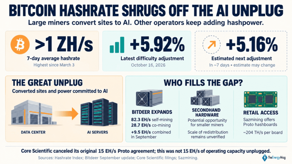 Bitcoin Hashrate Shrugs off the AI Unplug, Regaining 1 ZH/s Level