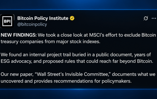 MSCI Rule Puts Strategy at Risk, Says Bitcoin Policy Institute Paper